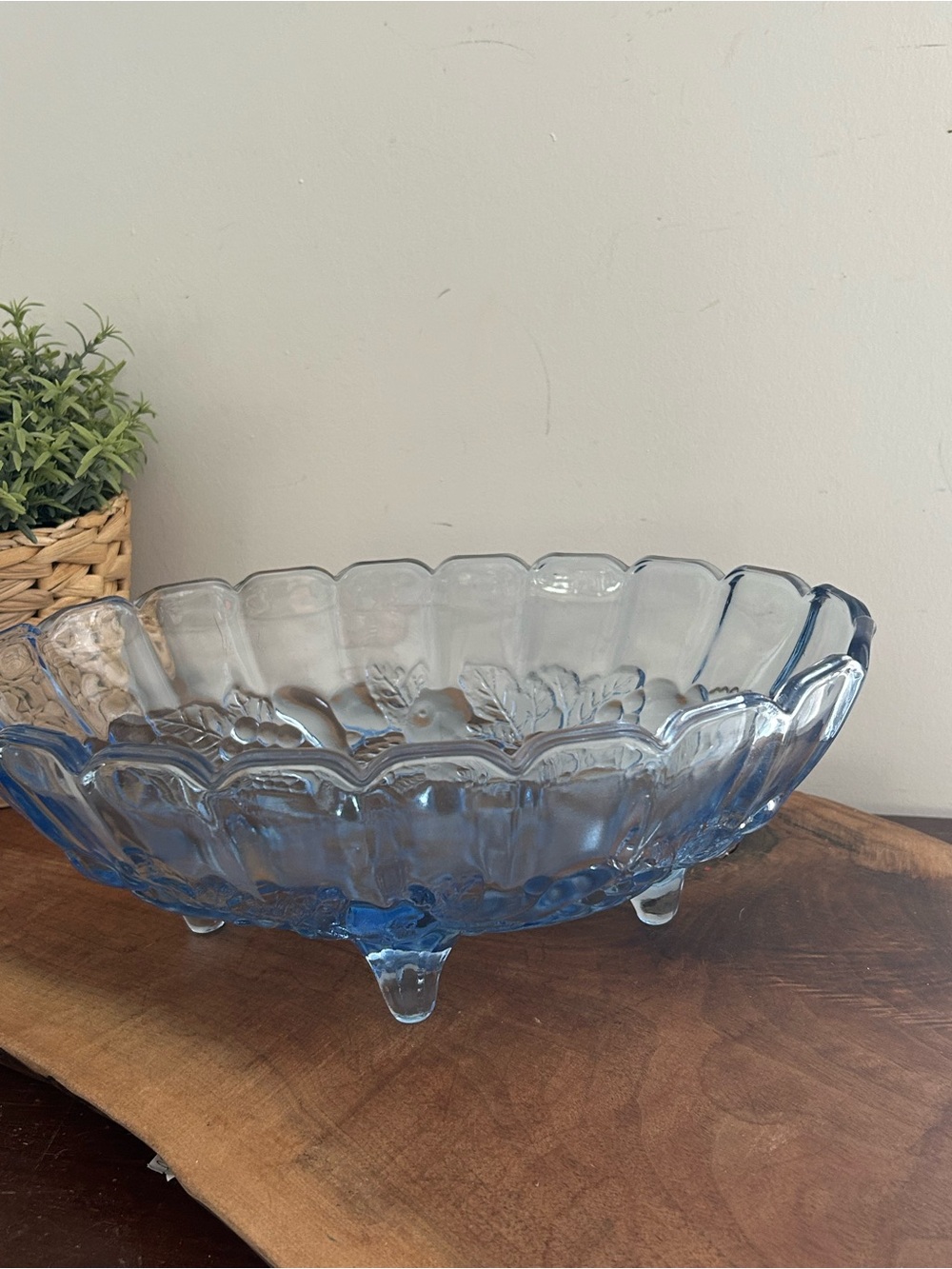 Indiana Glass Large textured Oval Footed Centerpiece Fruit Bowl ice Blue Garland